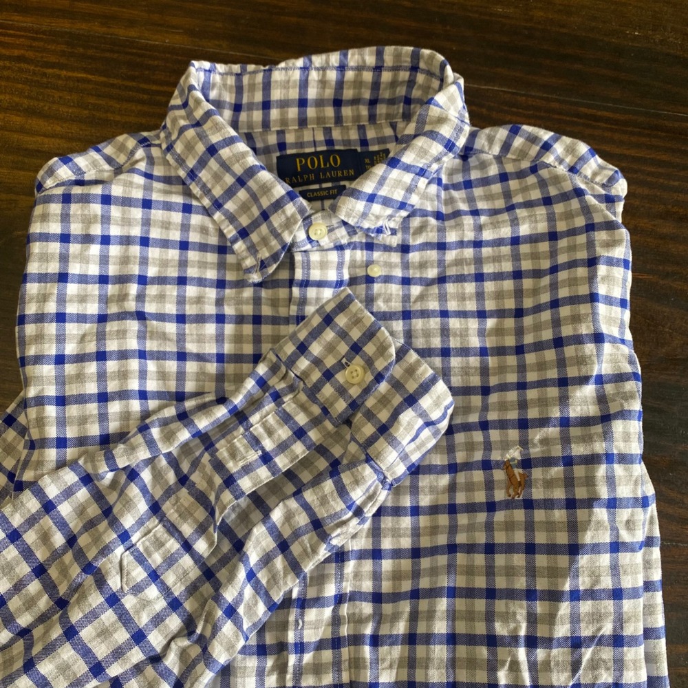 Polo Ralph Lauren Mens XL Classic Fit Blue Grey Gingham Button Down Shirt